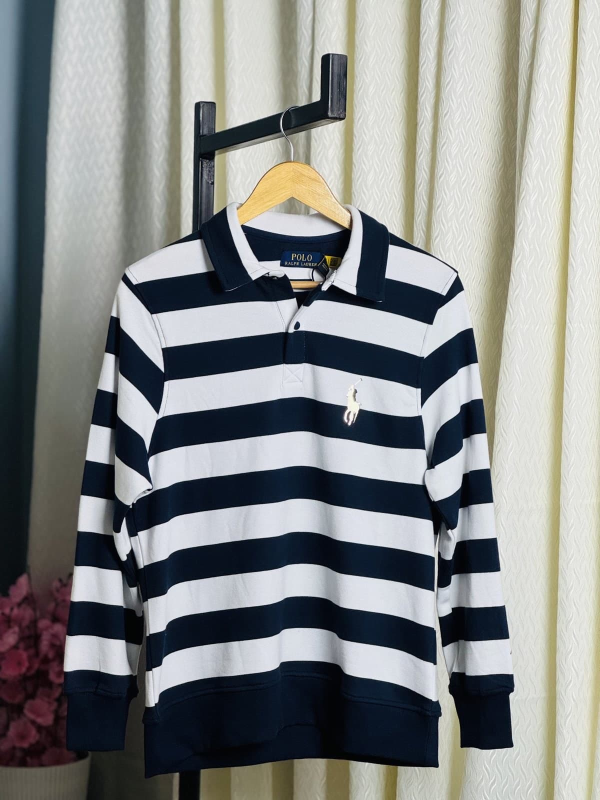 Premium Striped Polo Sweatshirt - Navy Blue