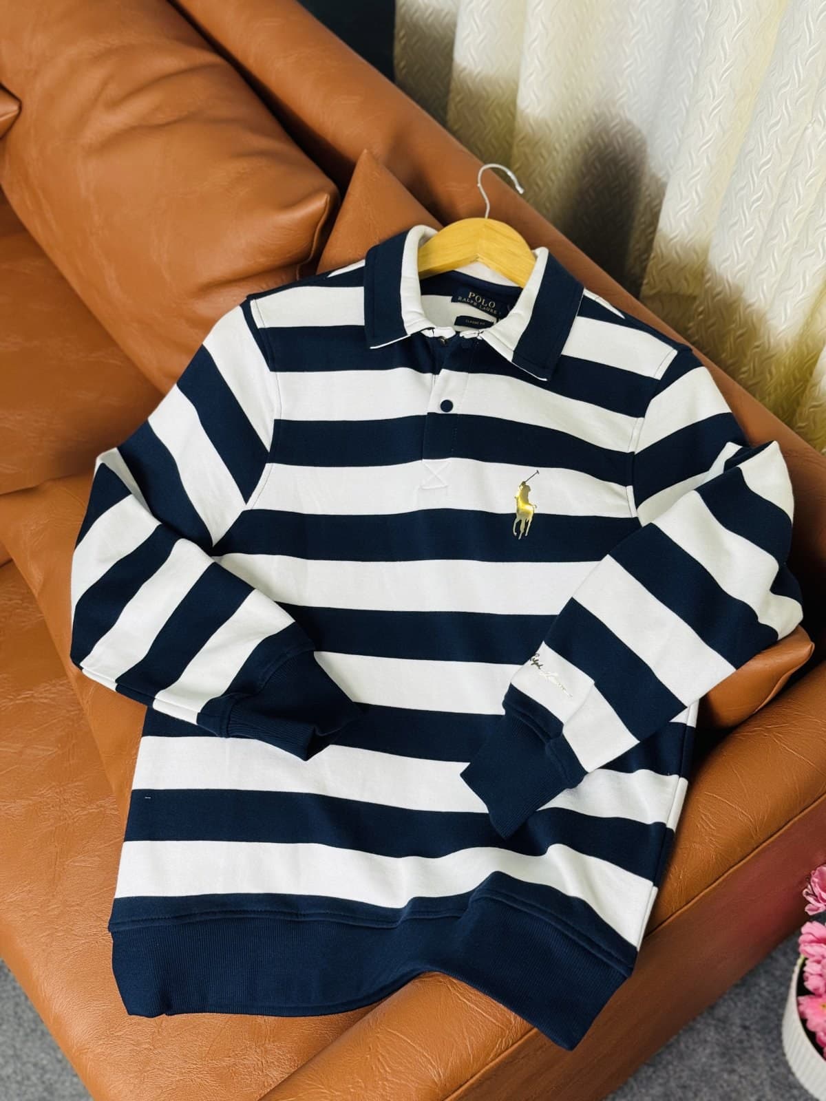 Premium Striped Polo Sweatshirt - Navy Blue angle 2