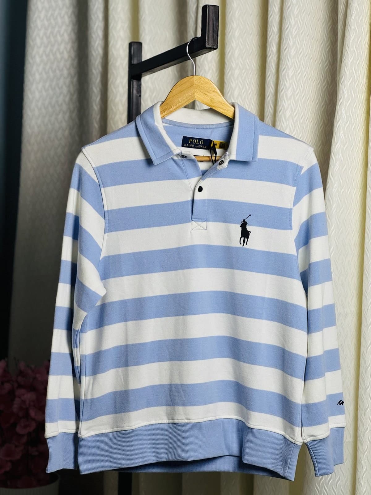 Premium Striped Polo Sweatshirt - Sky Blue