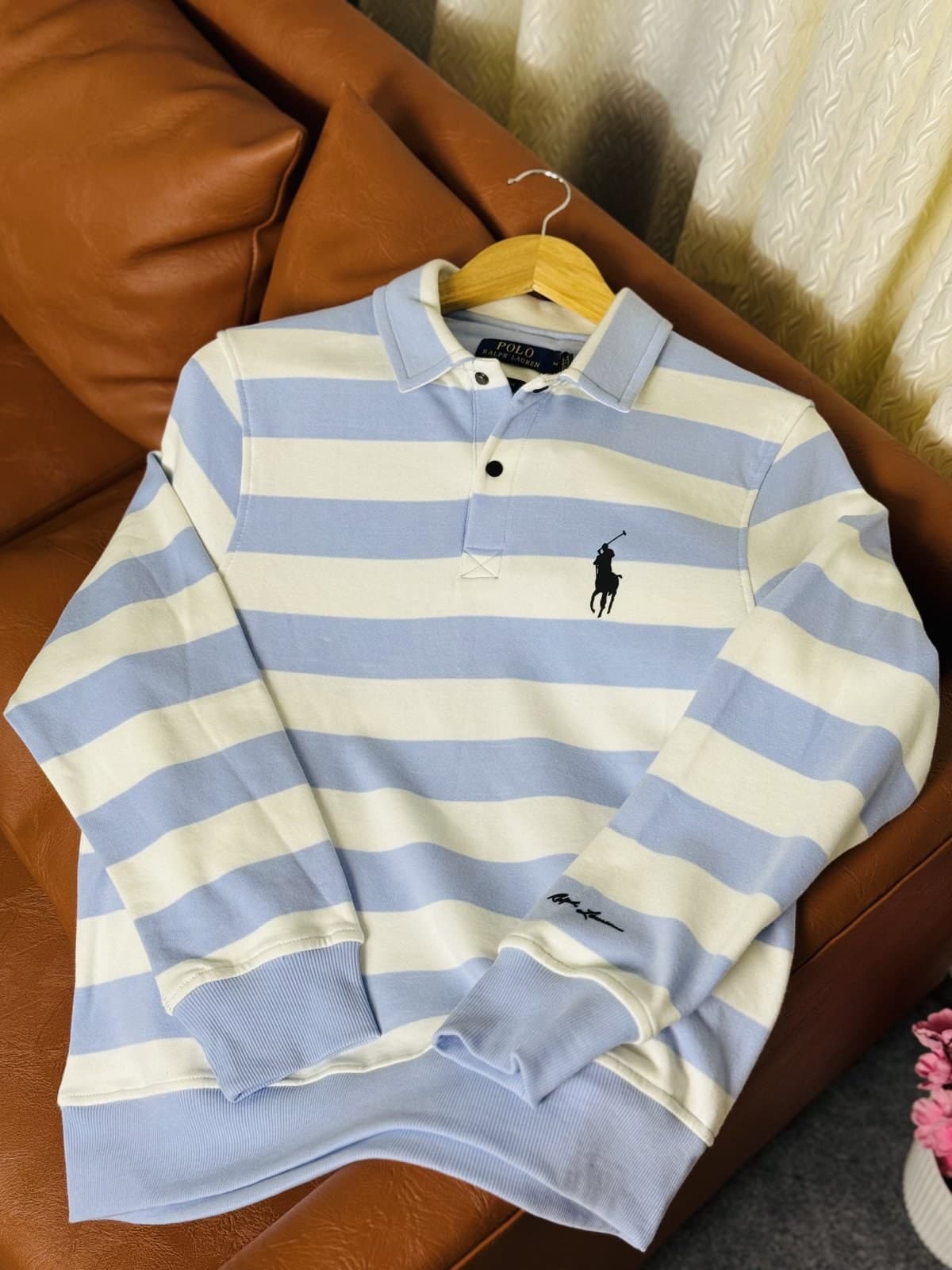 Premium Striped Polo Sweatshirt - Sky Blue angle 2