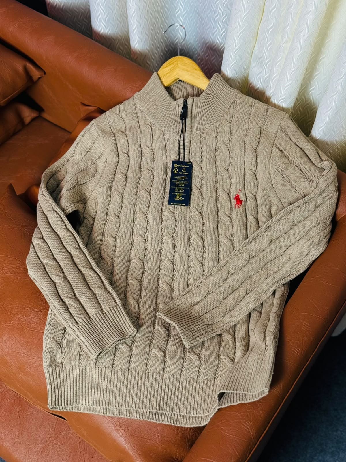 Cable Knit Sweater - Cream Brown angle 2